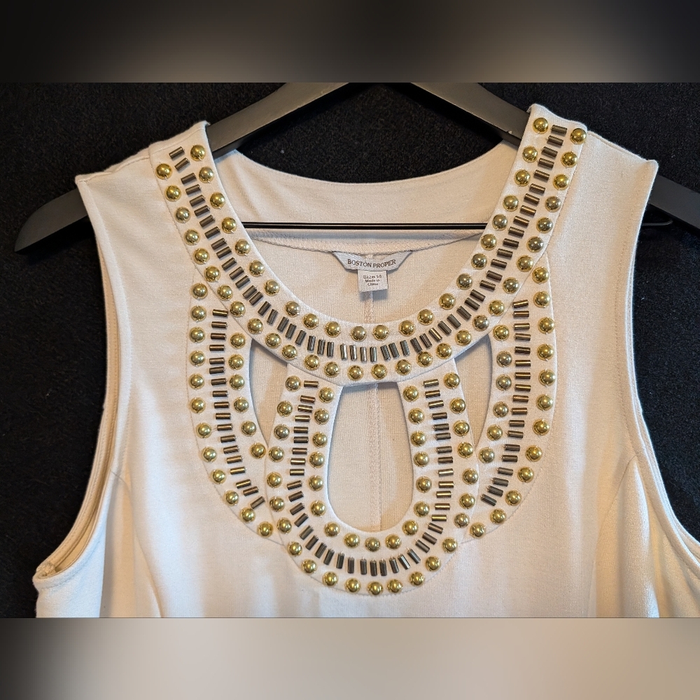 Boston Proper Elegant Cream Sleeveless Dress Chic Embellished Neckline Sheath 14 - Picture 4 of 4